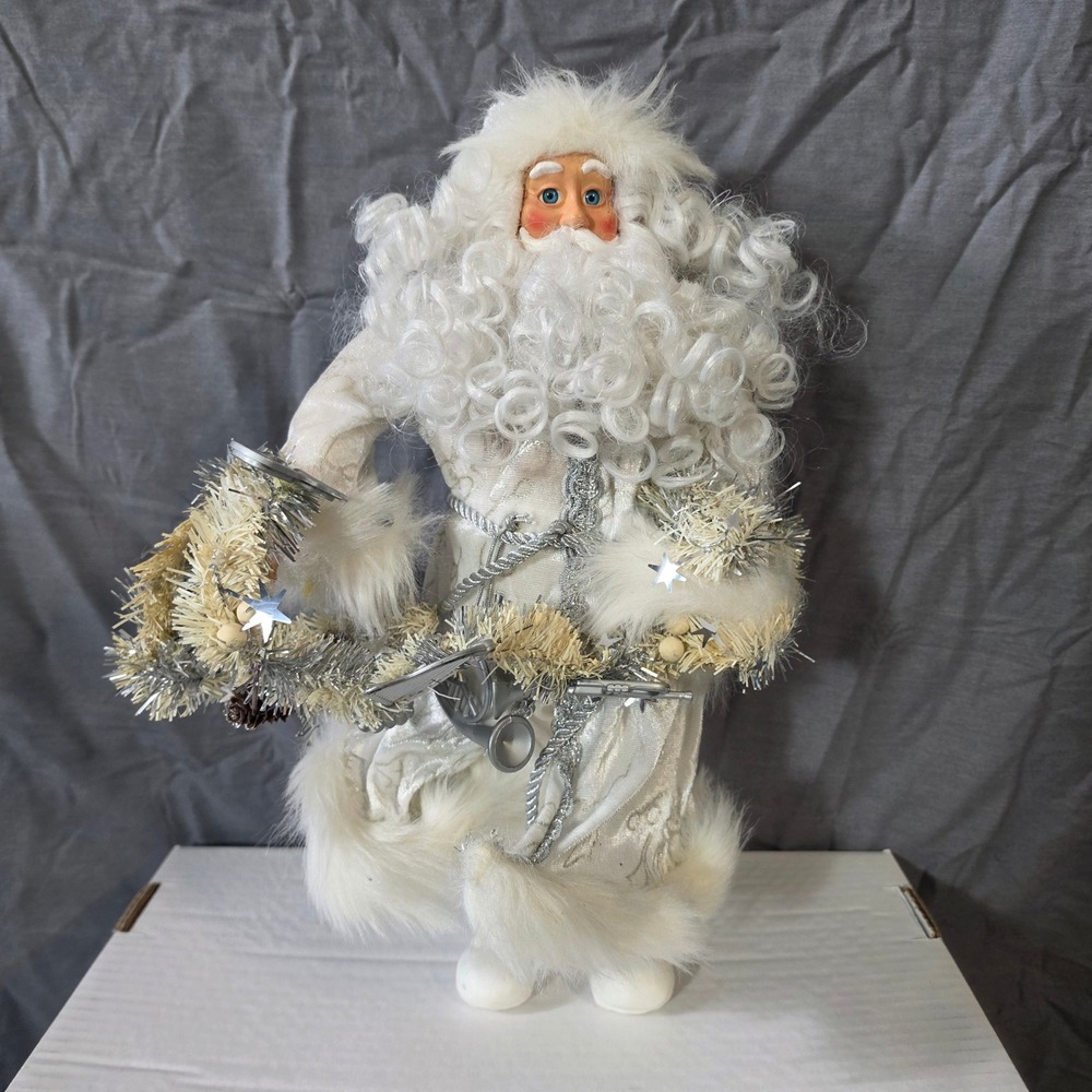 White and Silver Standing Santa Claus Figurine Christmas Decor with Bells 12in